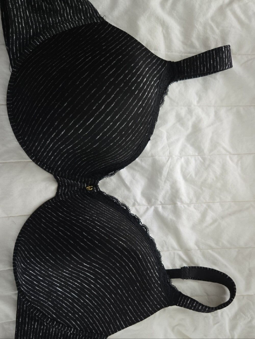 Ashley Stewart Black Pinstripe Lace Trim Bra